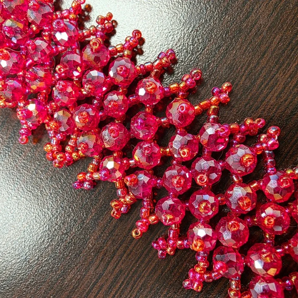 Handmade Magenta Red Beaded Cuff Bracelet Faceted Glass Seed Bead Statement 7.5